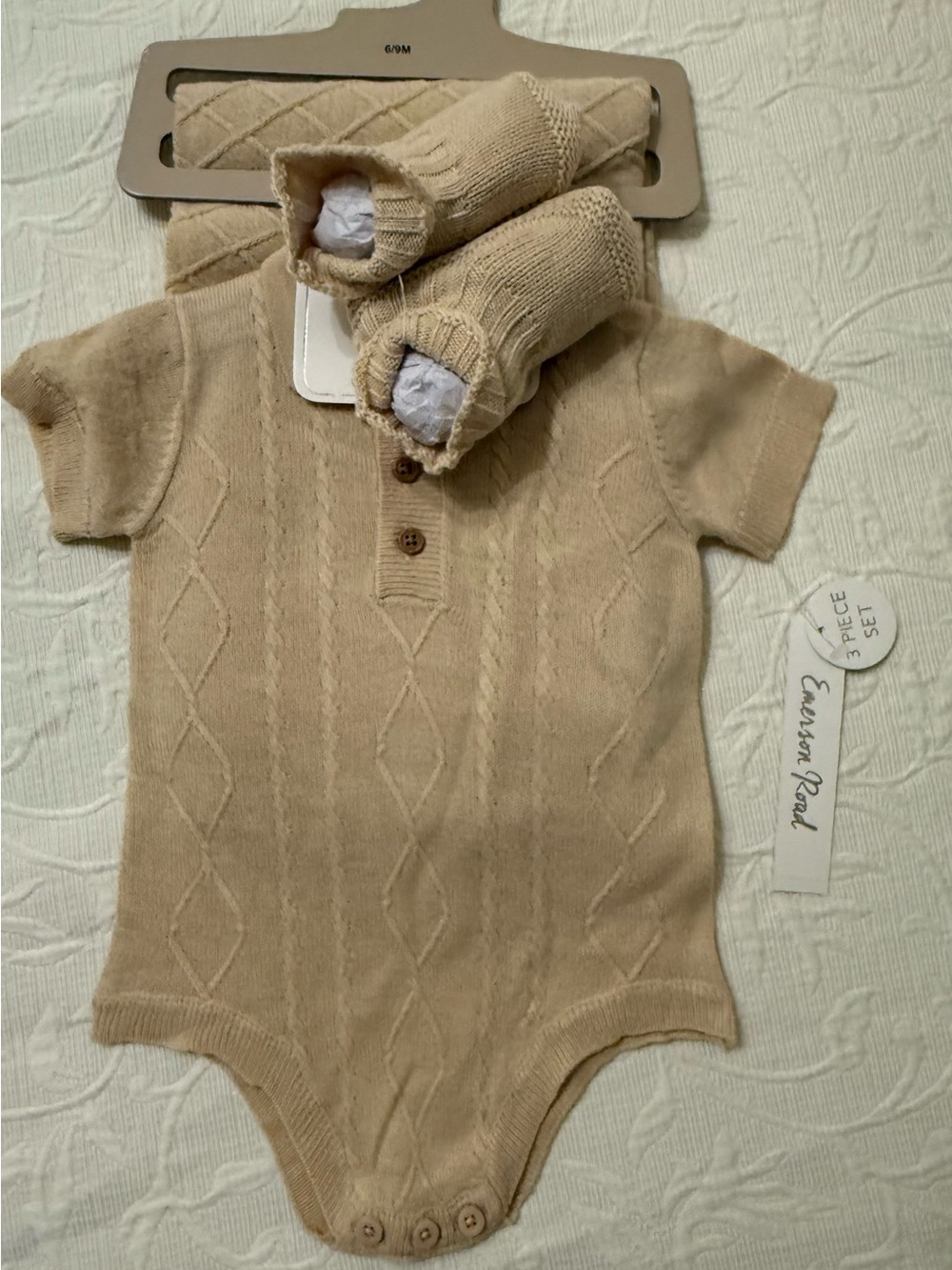 Beige Knit One-Piece Romper with Booties and Shawl - Baby